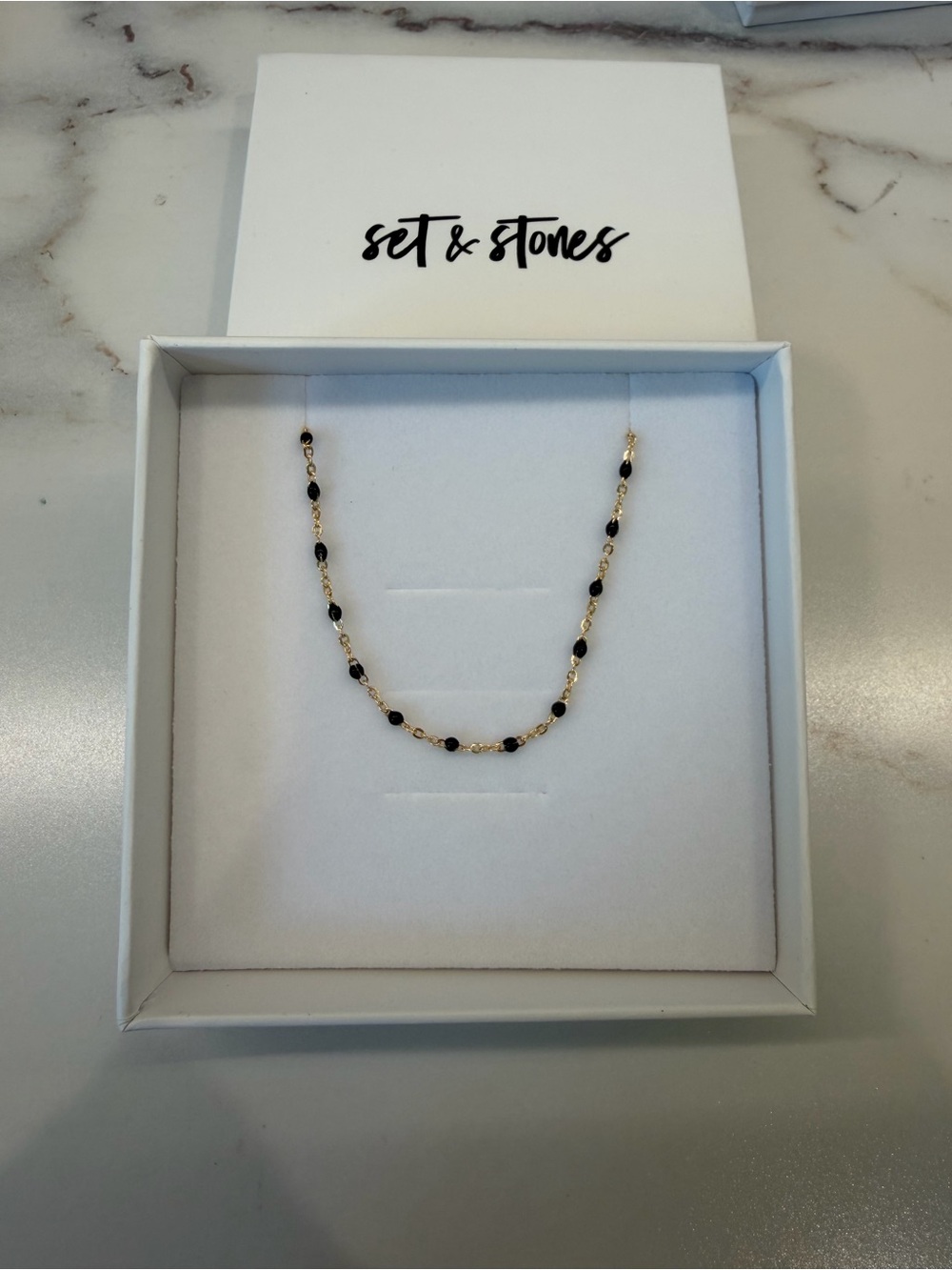 Anthropologie Set & Stones Kaz 18K GF Chain Necklace Black Enamel Beads NEW